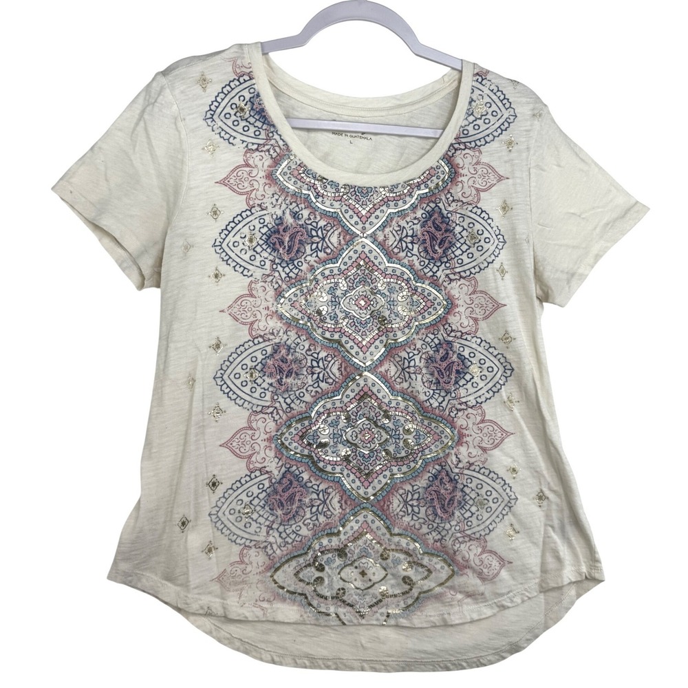 Mic & Jax Womens Large Ivory Cotton Sequin Medallion Boho Short Sleeve Tee Shirt